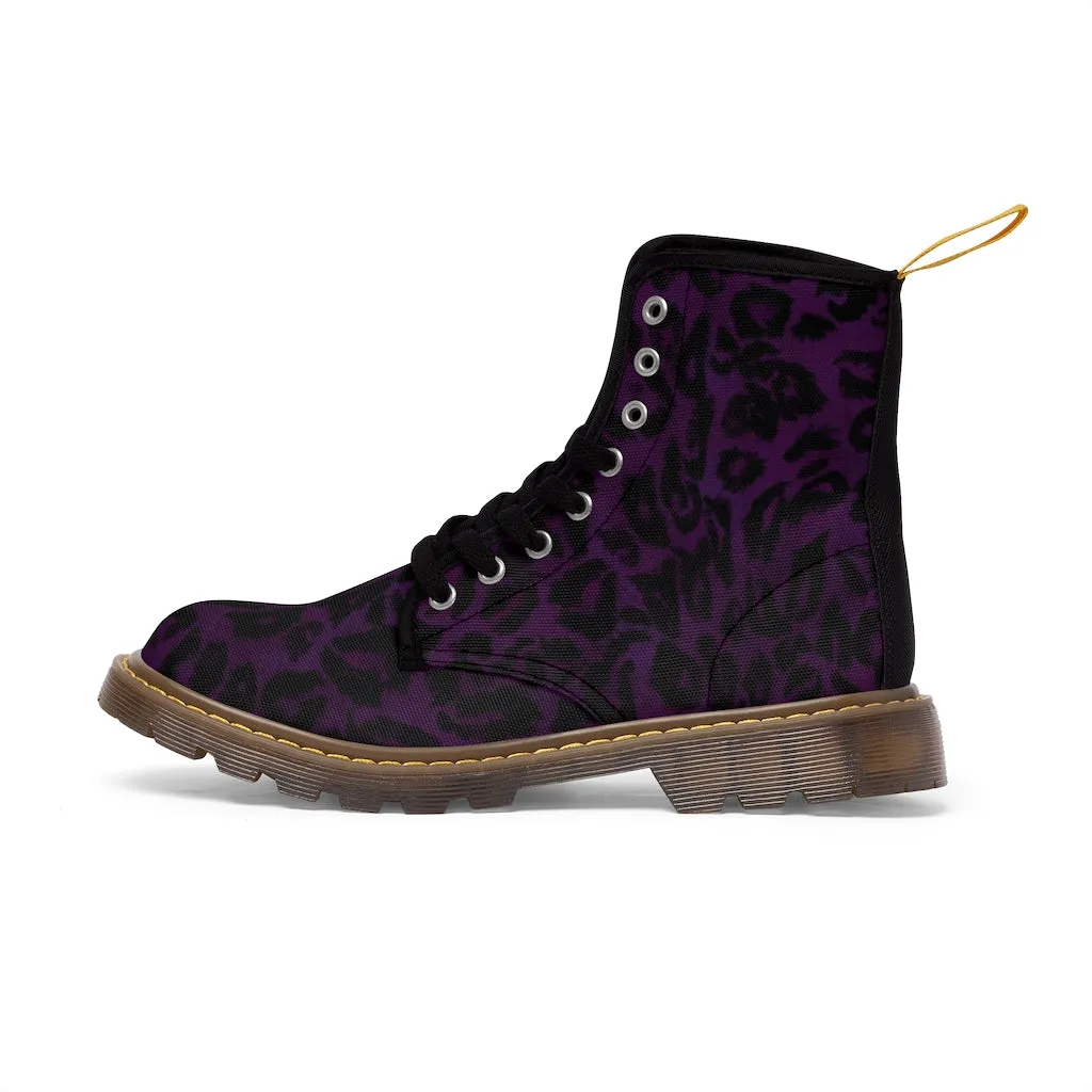 Purple Leopard Men Hiker Boots, Designer Animal Print Best Laced Up Men's Canvas Boots (US Size: 7-10.5)