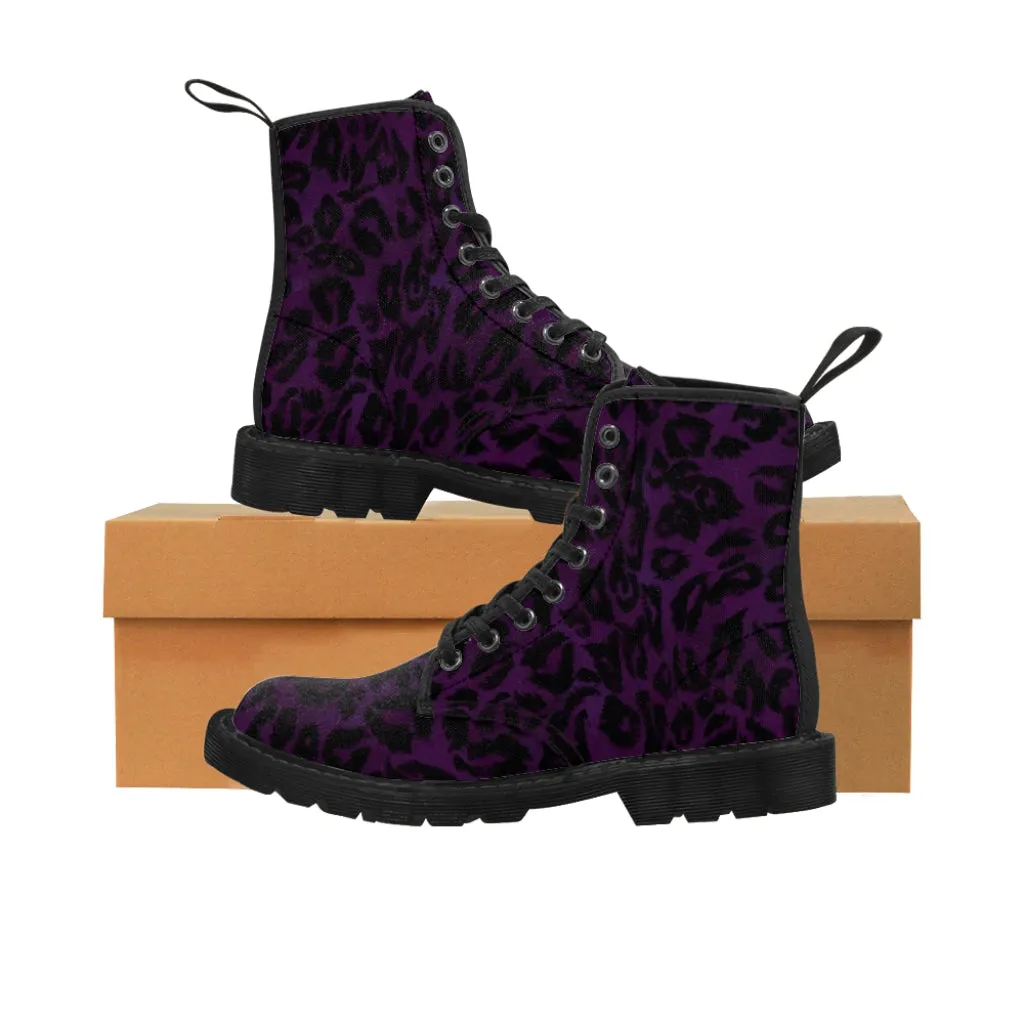 Purple Leopard Men Hiker Boots, Designer Animal Print Best Laced Up Men's Canvas Boots (US Size: 7-10.5)