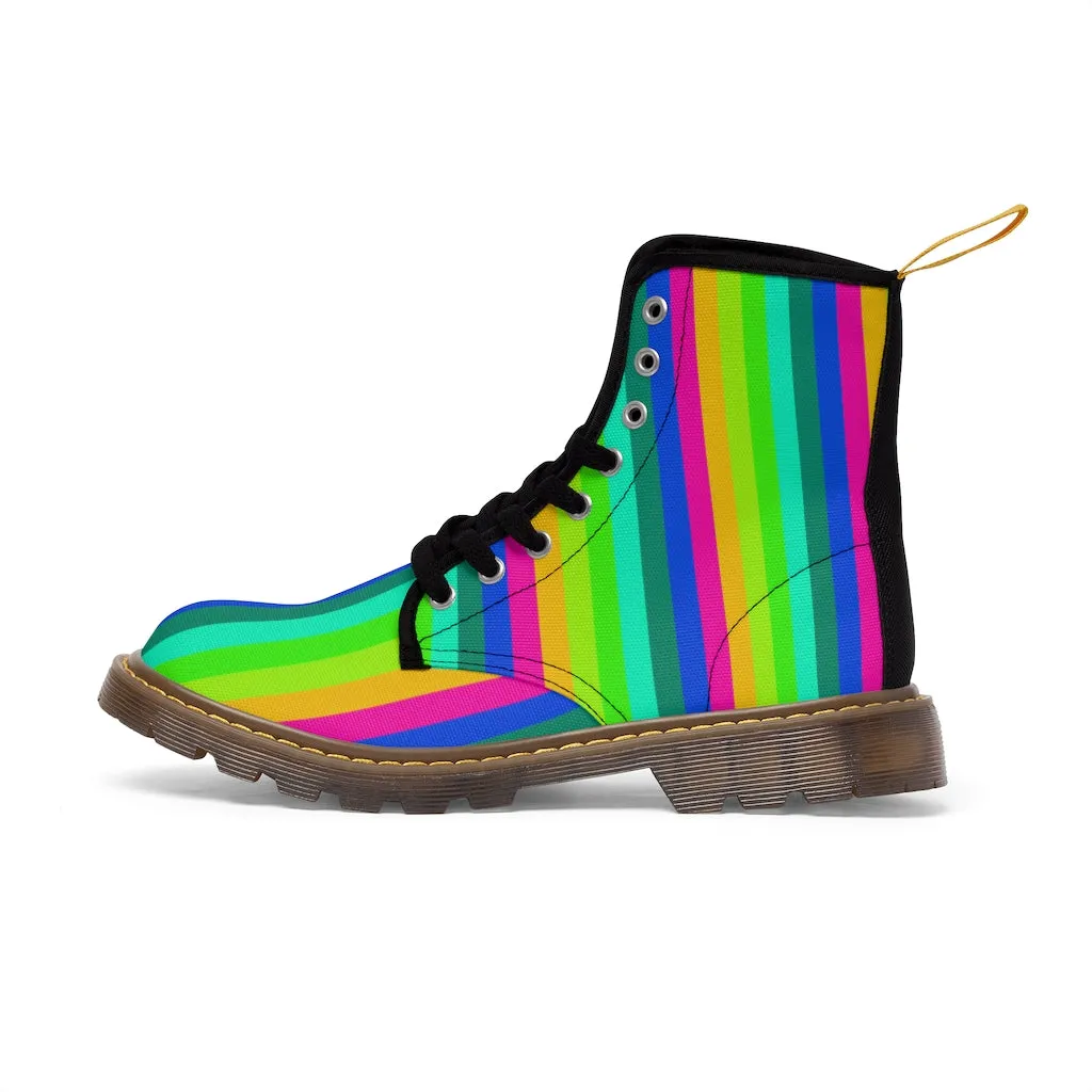 Rainbow Print Men Hiker Boots, Rainbow Stripes Designer Men's Canvas Boots (US Size: 7-10.5)