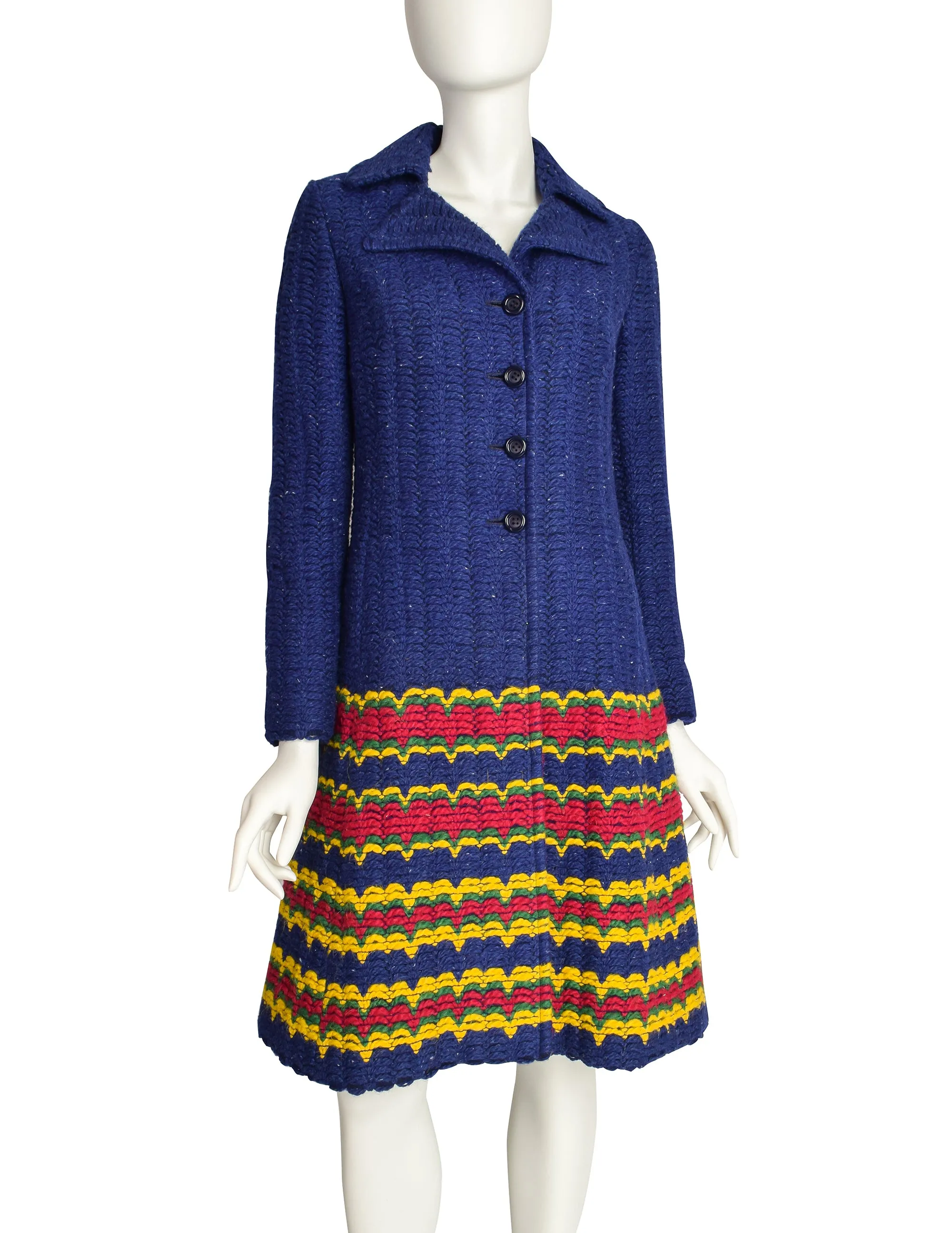 Roberta di Camerino Vintage 1970s Blue Red Yellow Green Wool Woven Yarn Coat