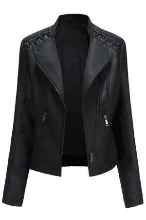 Women Convenient Solid Colored Long Sleeve Warm Leather Jacket - WJK89480