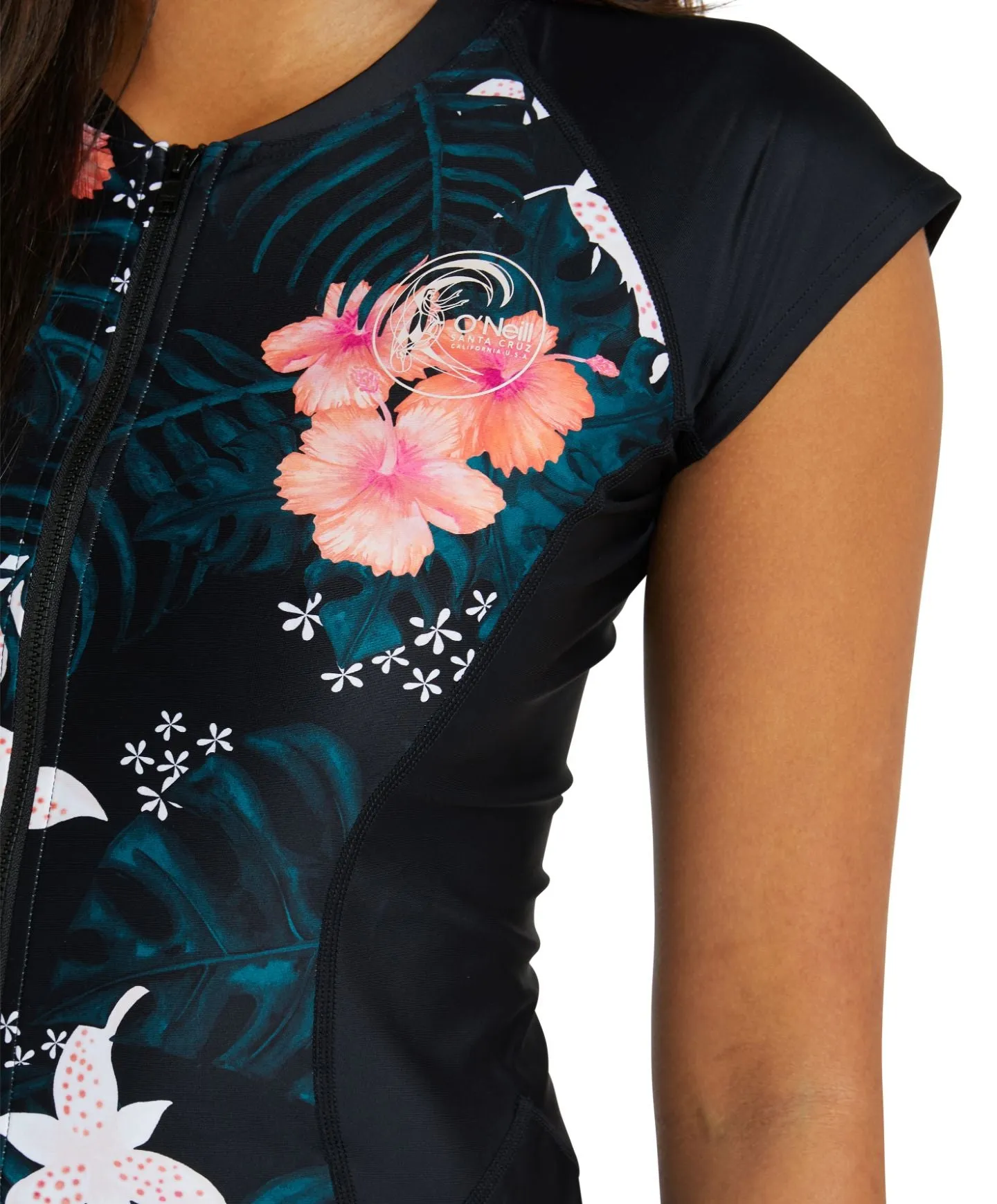 Women's Bahia Front Zip Cap Sleeve Rash Vest - Black Hibiscus