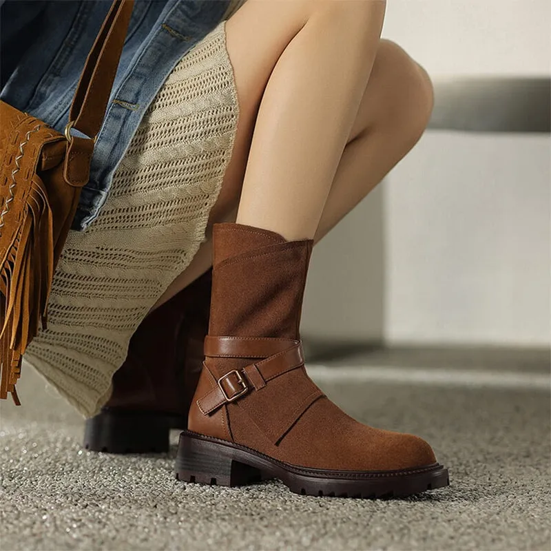 Womens Suede Leather Mid Calf Boots for Winter Buckles Boots in Brown/Black