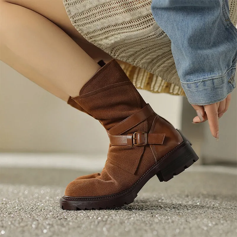 Womens Suede Leather Mid Calf Boots for Winter Buckles Boots in Brown/Black